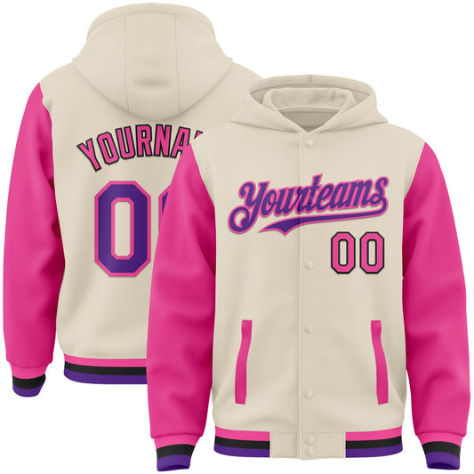 Custom Cream Purple Pink-Black Bomber Full-Snap Varsity Letterman Two Tone Hoodie Jacket - Main View