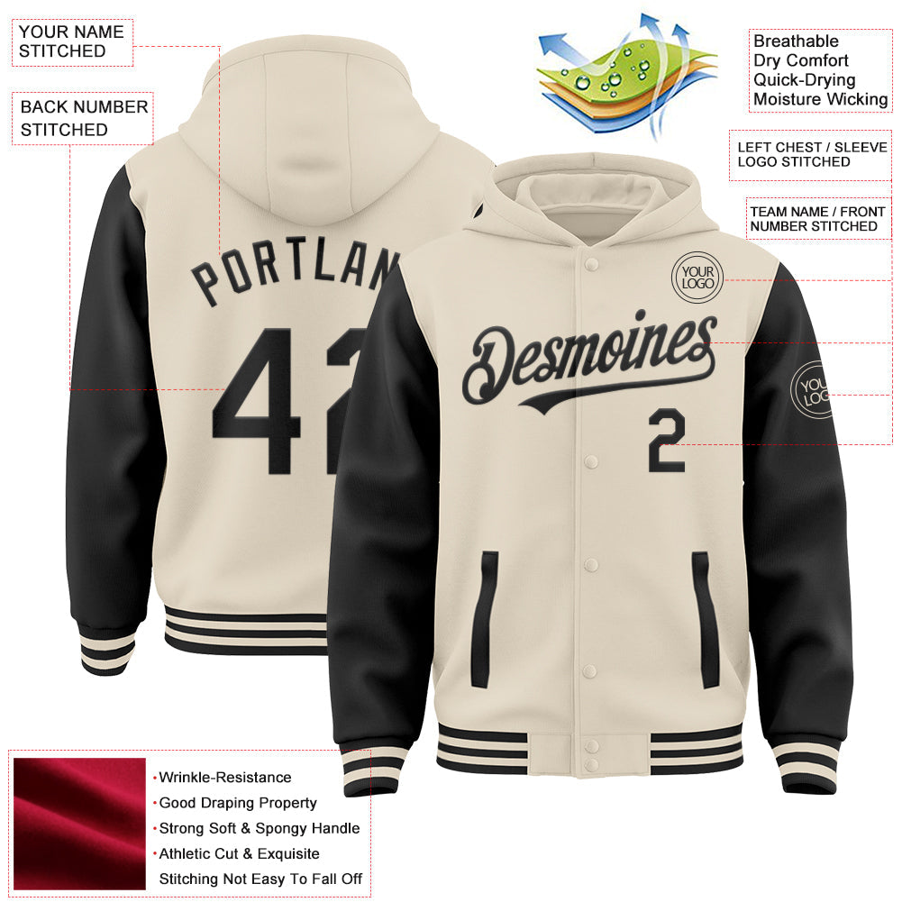 Custom Cream Black Bomber Full-Snap Varsity Letterman Two Tone Hoodie Jacket view 3
