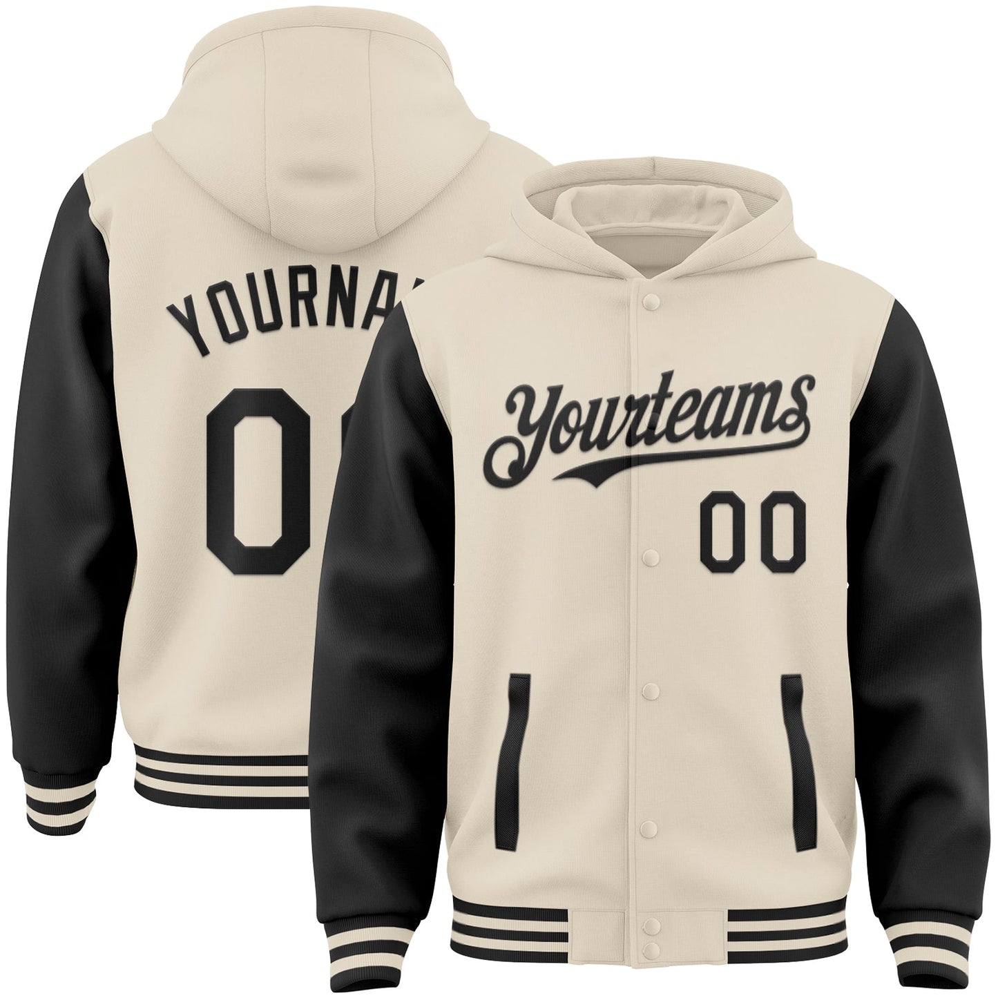 Custom Cream Black Bomber Full-Snap Varsity Letterman Two Tone Hoodie Jacket - Main View