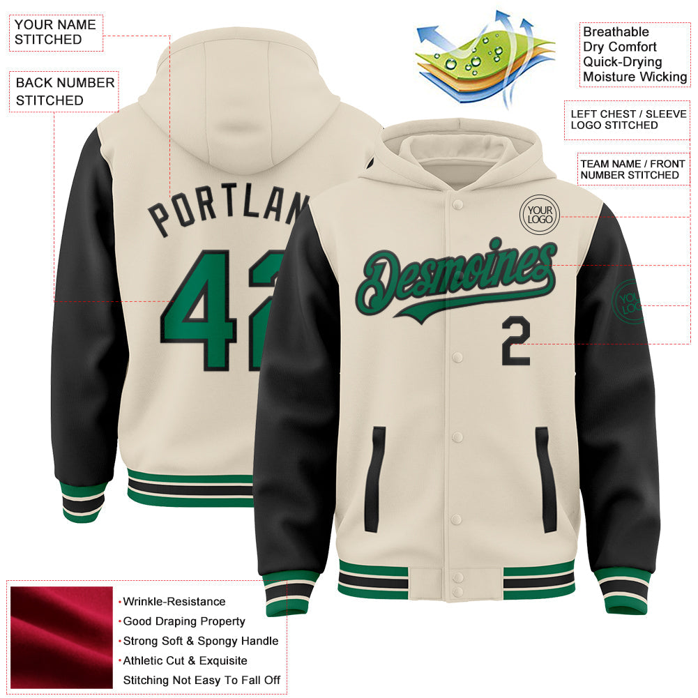 Custom Cream Kelly Green-Black Bomber Full-Snap Varsity Letterman Two Tone Hoodie Jacket view 3