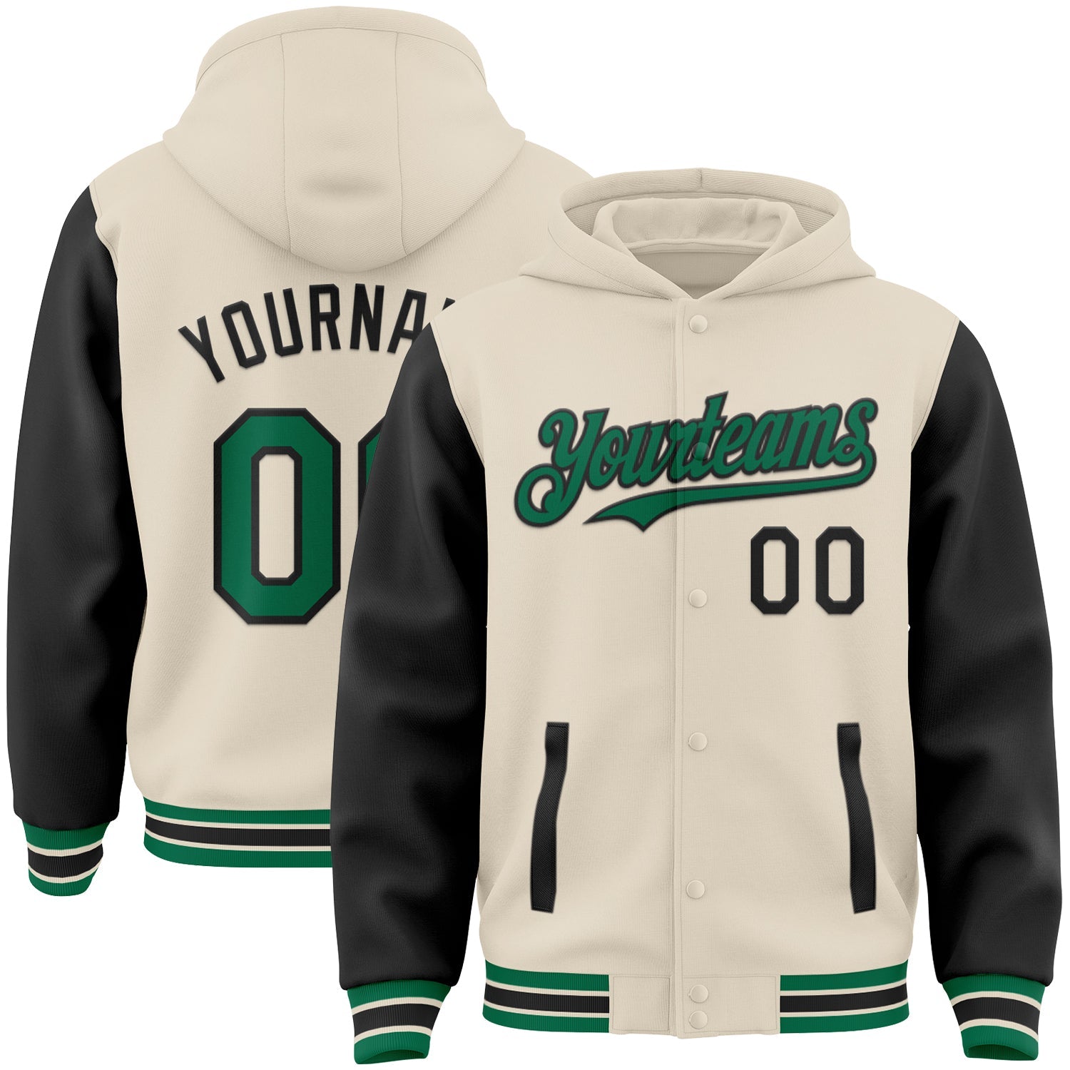 Custom Cream Kelly Green-Black Bomber Full-Snap Varsity Letterman Two Tone Hoodie Jacket - Main View