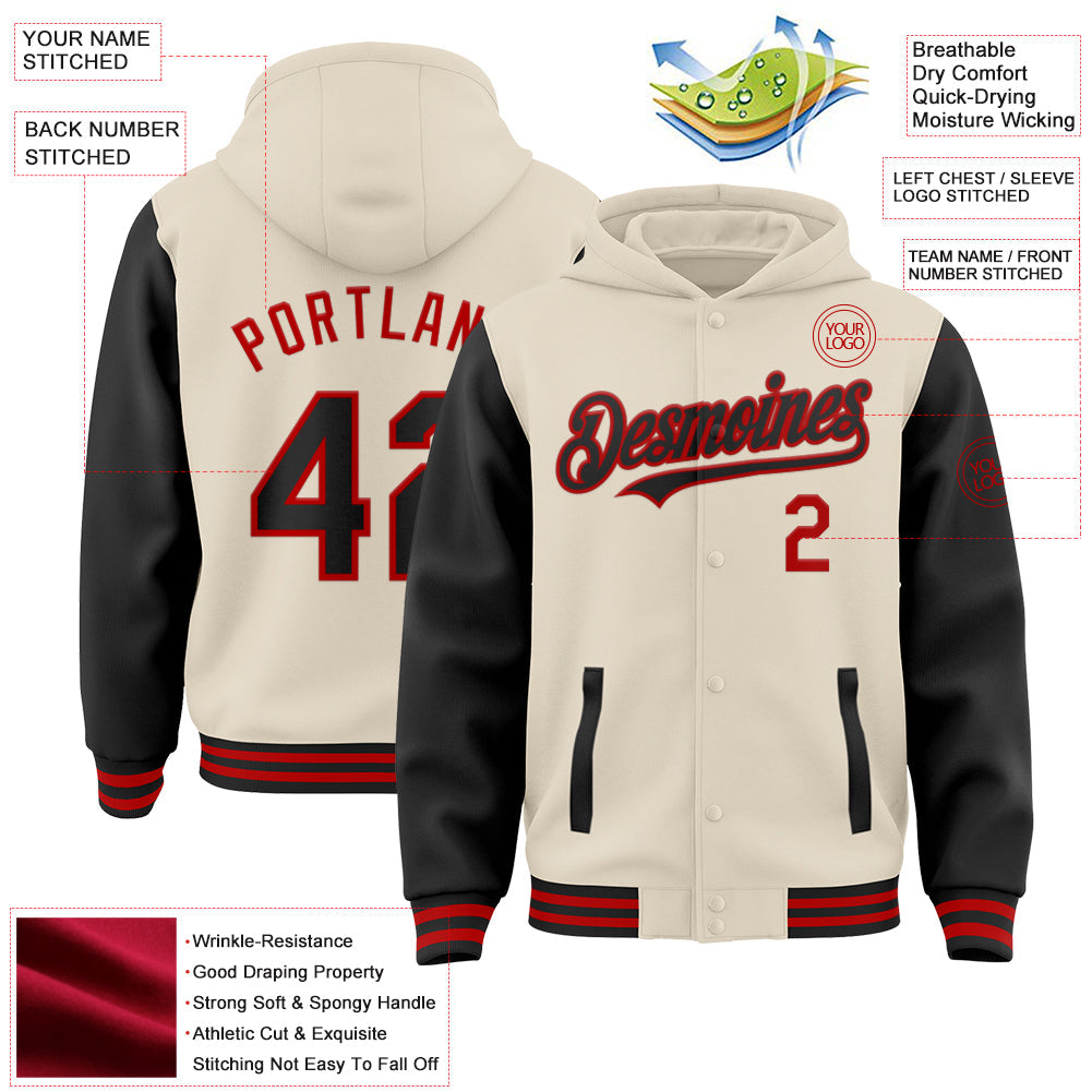 Custom Cream Black-Red Bomber Full-Snap Varsity Letterman Two Tone Hoodie Jacket view 3