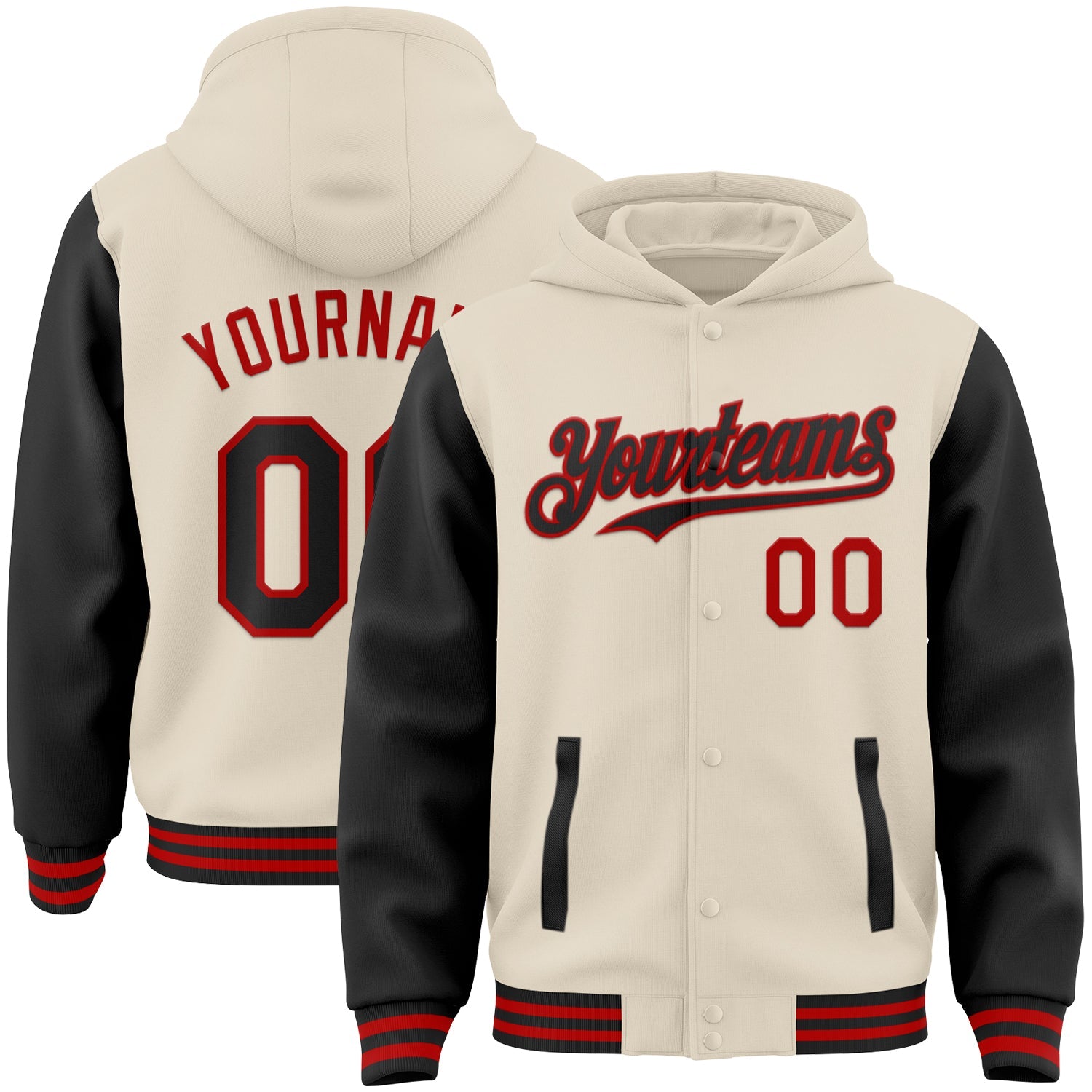 Custom Cream Black-Red Bomber Full-Snap Varsity Letterman Two Tone Hoodie Jacket - Main View