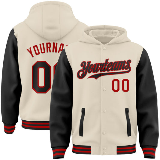 Custom Cream Black-Red Bomber Full-Snap Varsity Letterman Two Tone Hoodie Jacket - Main View