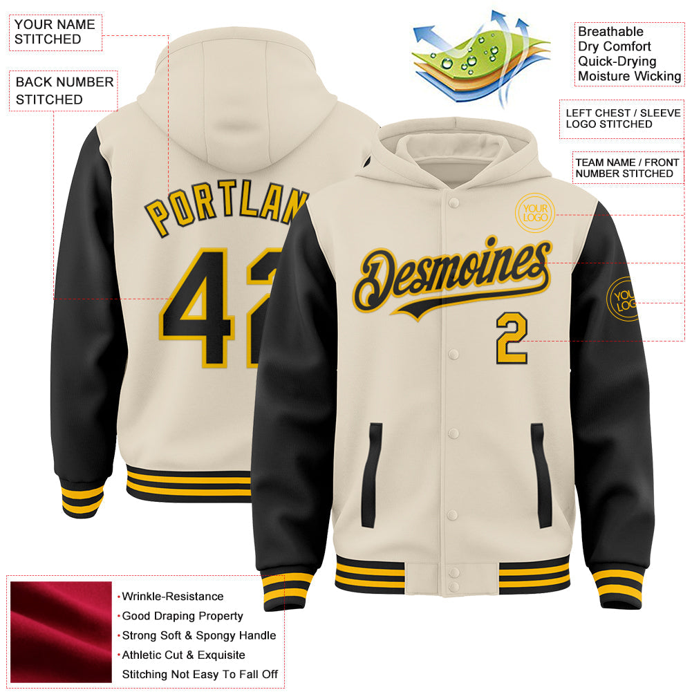 Custom Cream Black-Gold Bomber Full-Snap Varsity Letterman Two Tone Hoodie Jacket view 3
