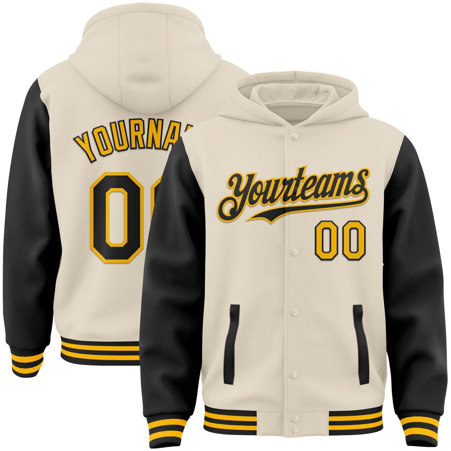 Custom Cream Black-Gold Bomber Full-Snap Varsity Letterman Two Tone Hoodie Jacket - Main View
