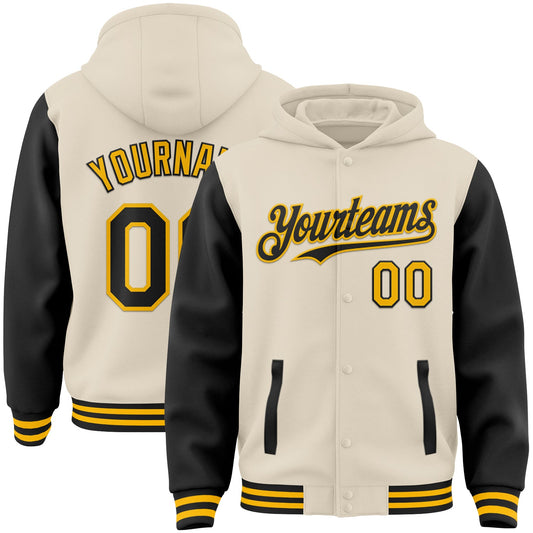 Custom Cream Black-Gold Bomber Full-Snap Varsity Letterman Two Tone Hoodie Jacket - Main View