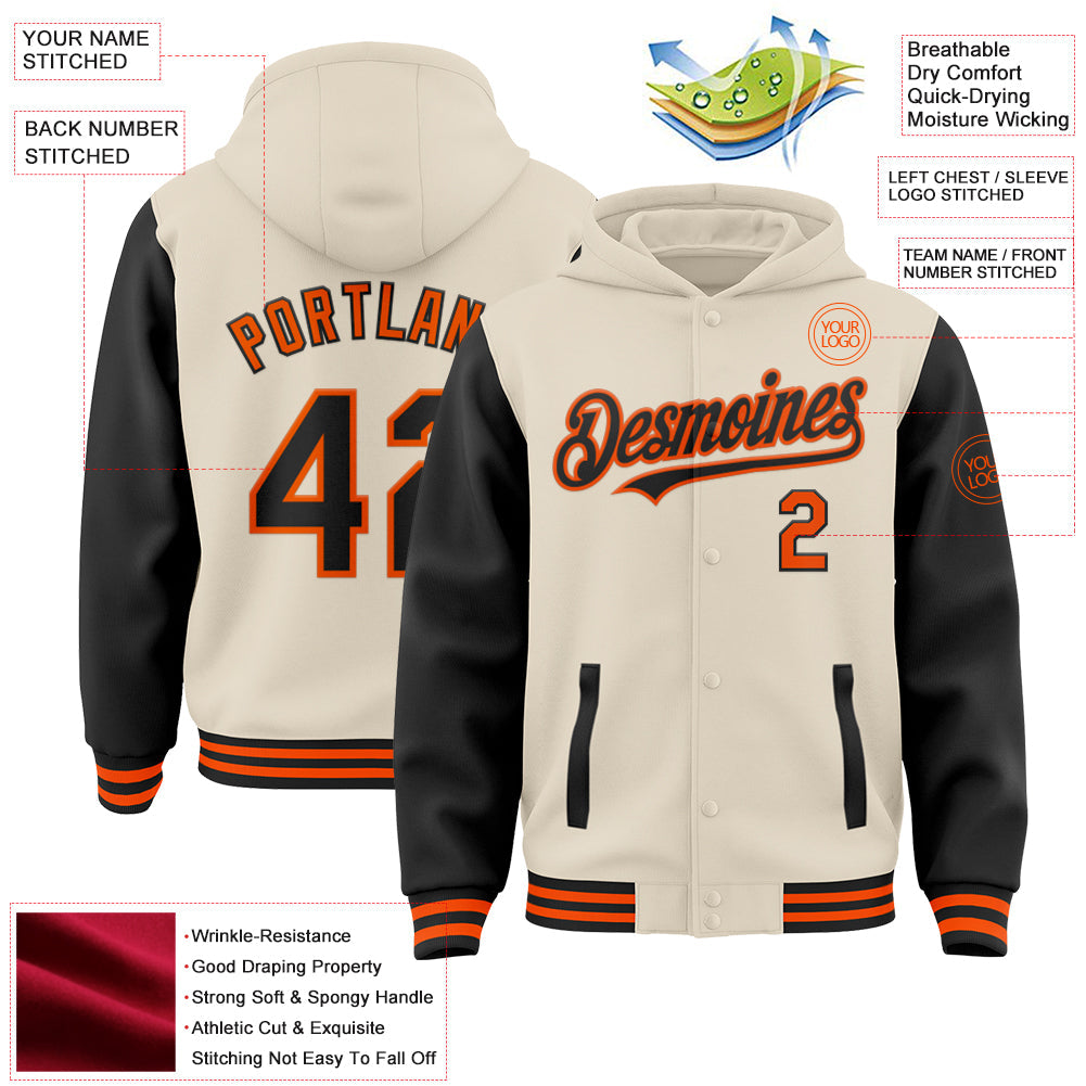 Custom Cream Black-Orange Bomber Full-Snap Varsity Letterman Two Tone Hoodie Jacket view 3