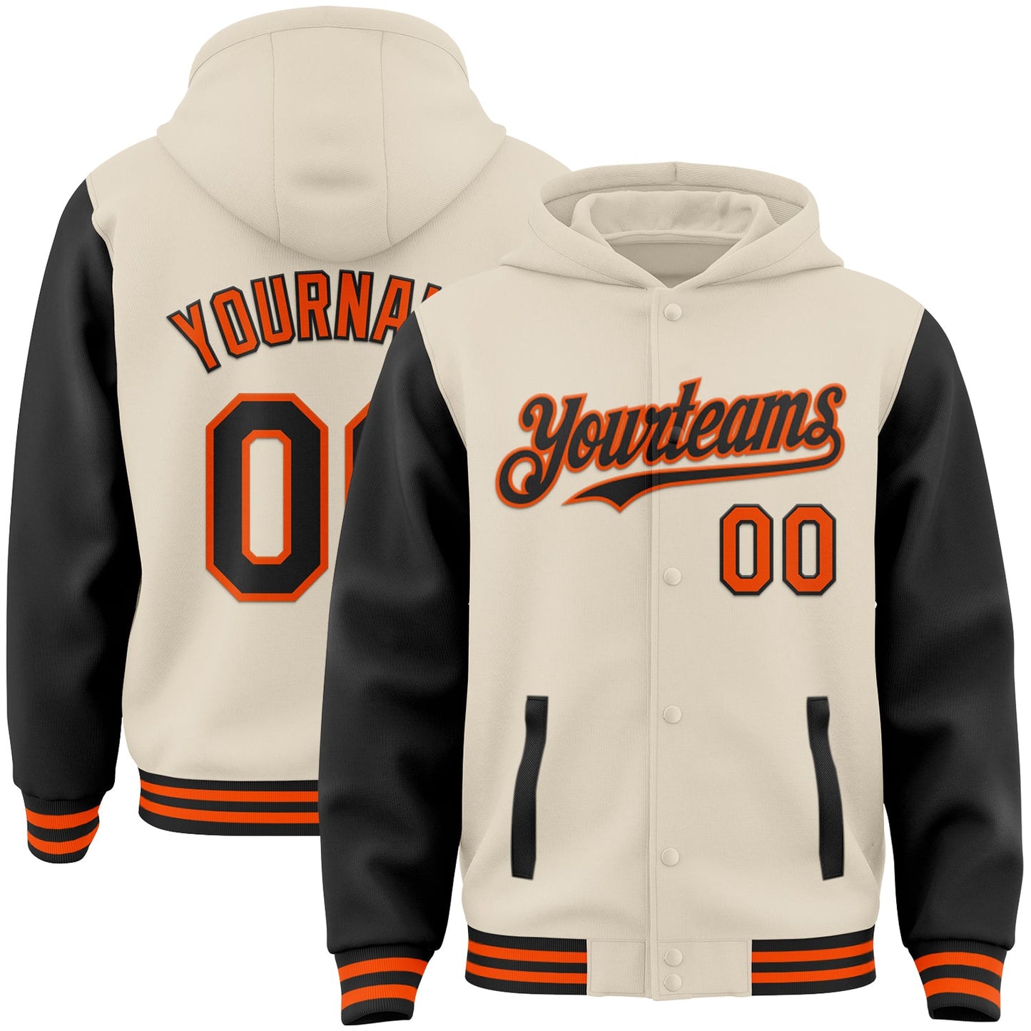 Custom Cream Black-Orange Bomber Full-Snap Varsity Letterman Two Tone Hoodie Jacket - Main View