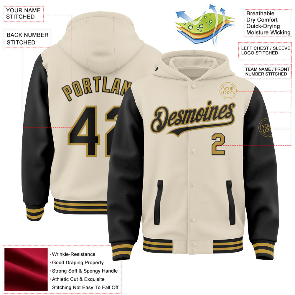 Custom Cream Black-Old Gold Bomber Full-Snap Varsity Letterman Two Tone Hoodie Jacket view 3