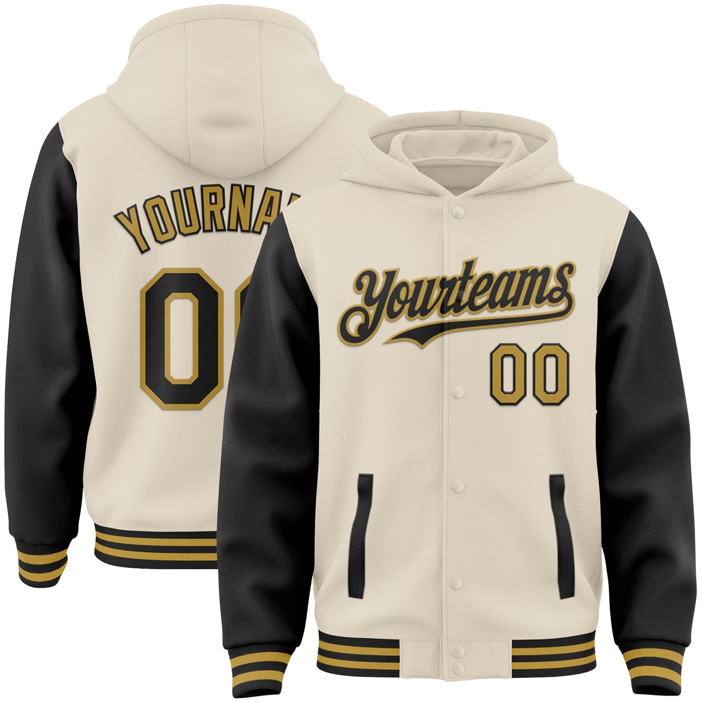 Custom Cream Black-Old Gold Bomber Full-Snap Varsity Letterman Two Tone Hoodie Jacket - Main View