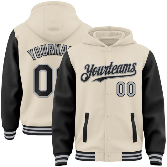 Custom Cream Black-Gray Bomber Full-Snap Varsity Letterman Two Tone Hoodie Jacket - Main View