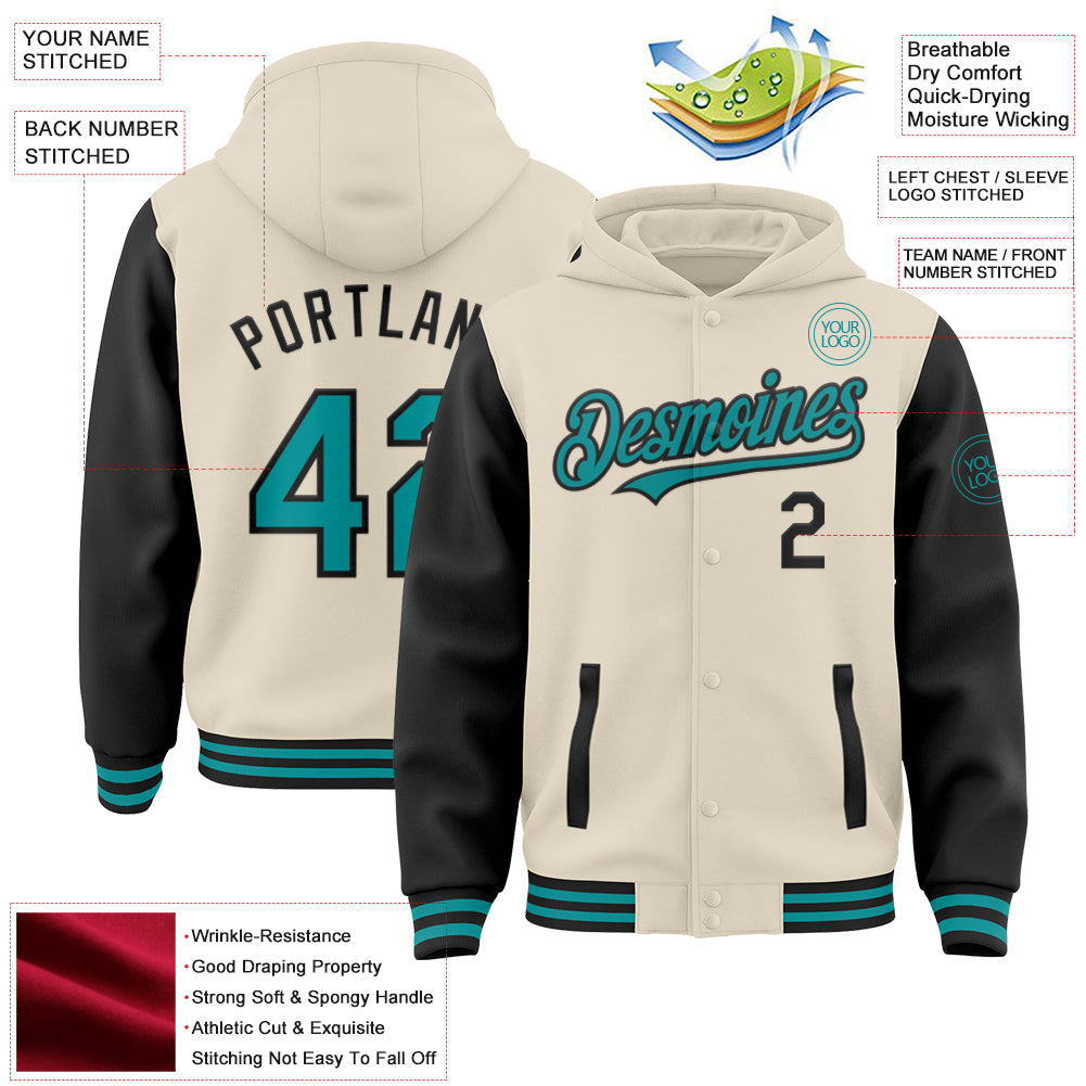 Custom Cream Teal-Black Bomber Full-Snap Varsity Letterman Two Tone Hoodie Jacket view 3
