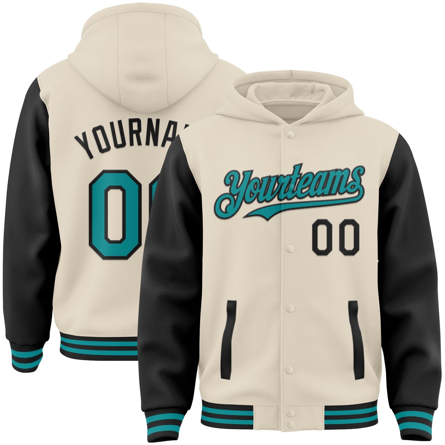 Custom Cream Teal-Black Bomber Full-Snap Varsity Letterman Two Tone Hoodie Jacket - Main View