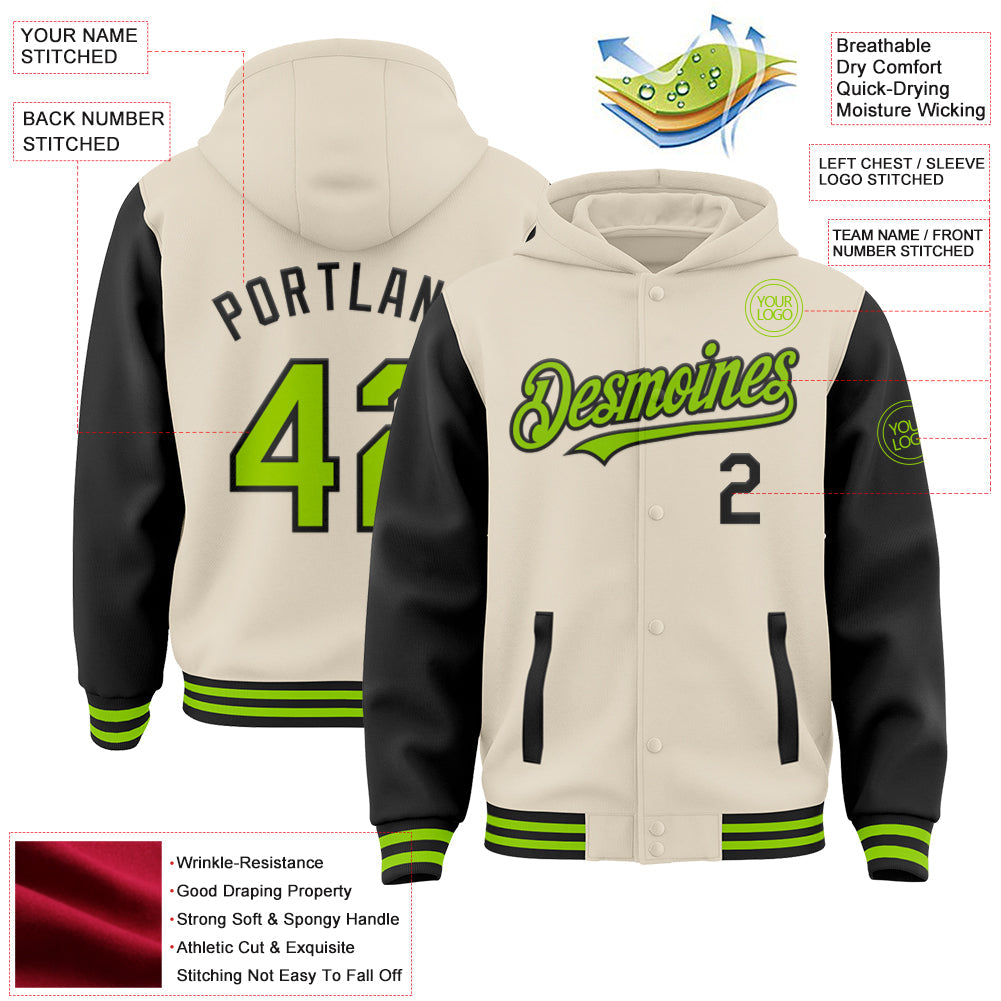 Custom Cream Neon Green-Black Bomber Full-Snap Varsity Letterman Two Tone Hoodie Jacket view 3