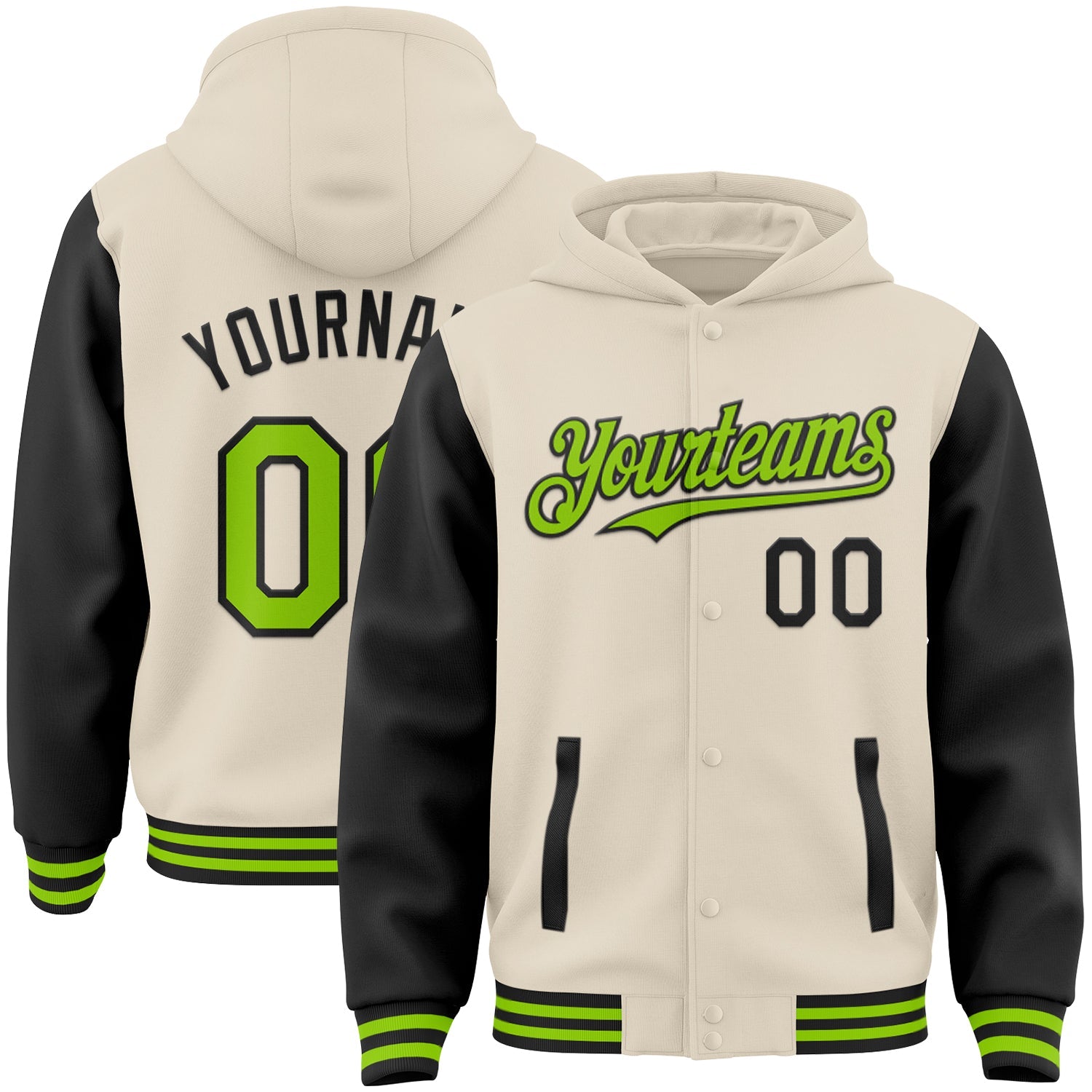 Custom Cream Neon Green-Black Bomber Full-Snap Varsity Letterman Two Tone Hoodie Jacket - Main View