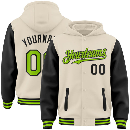 Custom Cream Neon Green-Black Bomber Full-Snap Varsity Letterman Two Tone Hoodie Jacket - Main View