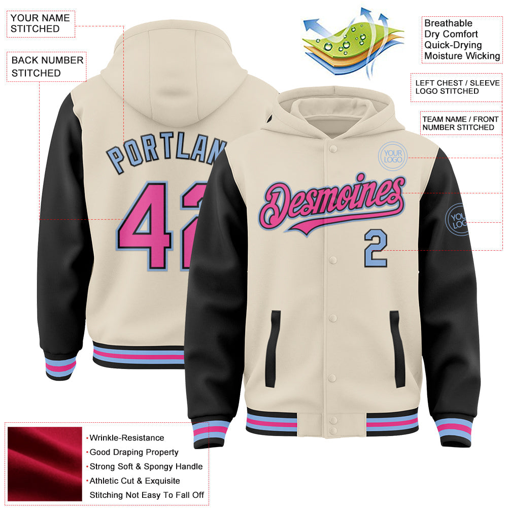 Custom Cream Pink Black-Light Blue Bomber Full-Snap Varsity Letterman Two Tone Hoodie Jacket view 3
