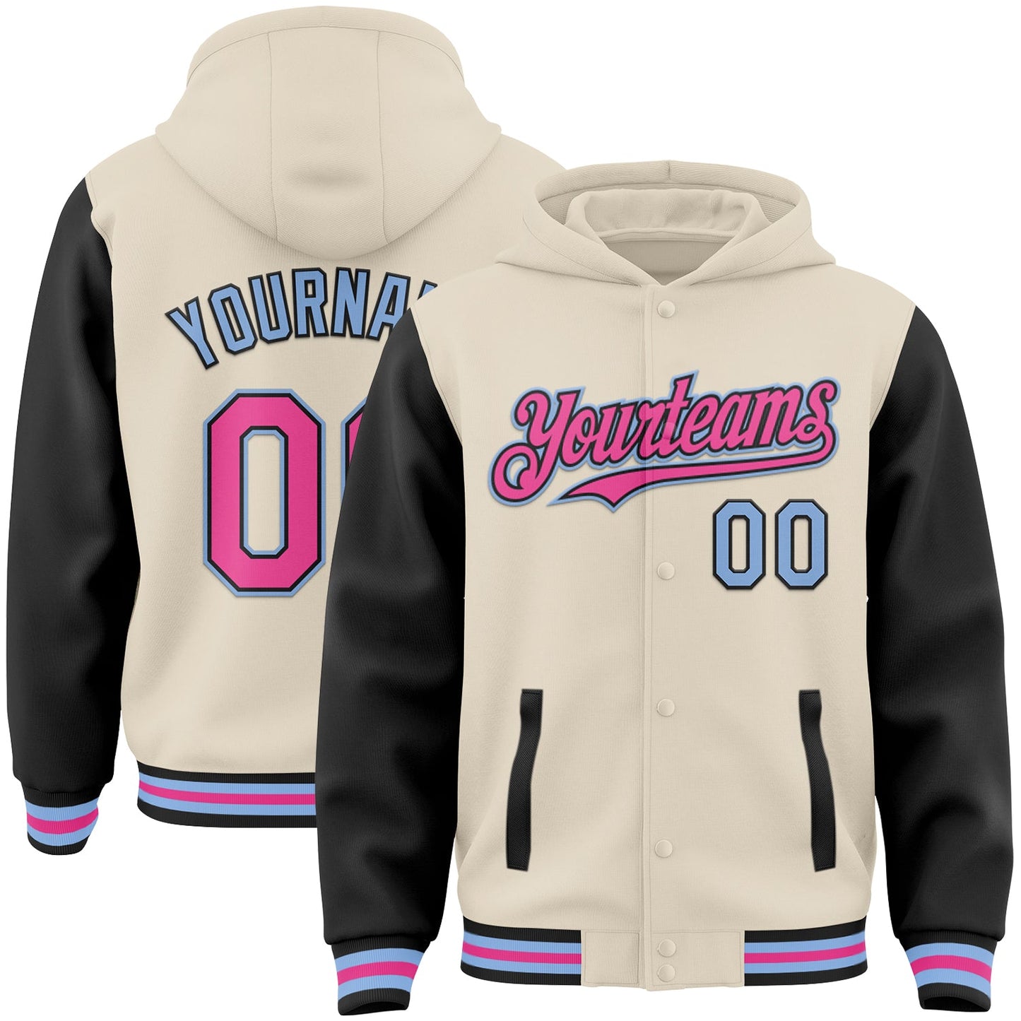 Custom Cream Pink Black-Light Blue Bomber Full-Snap Varsity Letterman Two Tone Hoodie Jacket - Main View