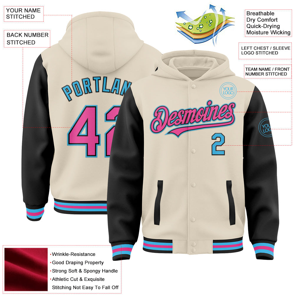 Custom Cream Pink Black-Sky Blue Bomber Full-Snap Varsity Letterman Two Tone Hoodie Jacket view 3