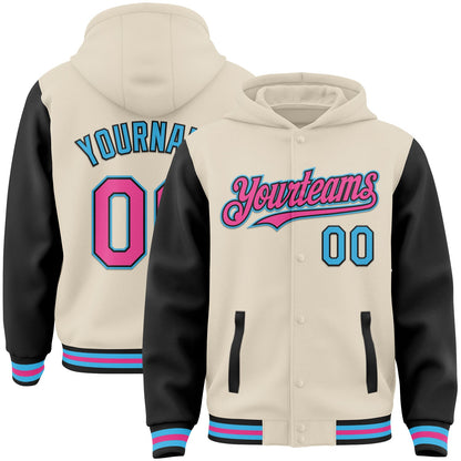 Custom Cream Pink Black-Sky Blue Bomber Full-Snap Varsity Letterman Two Tone Hoodie Jacket - Main View