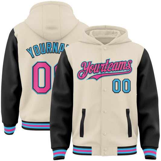 Custom Cream Pink Black-Sky Blue Bomber Full-Snap Varsity Letterman Two Tone Hoodie Jacket - Main View