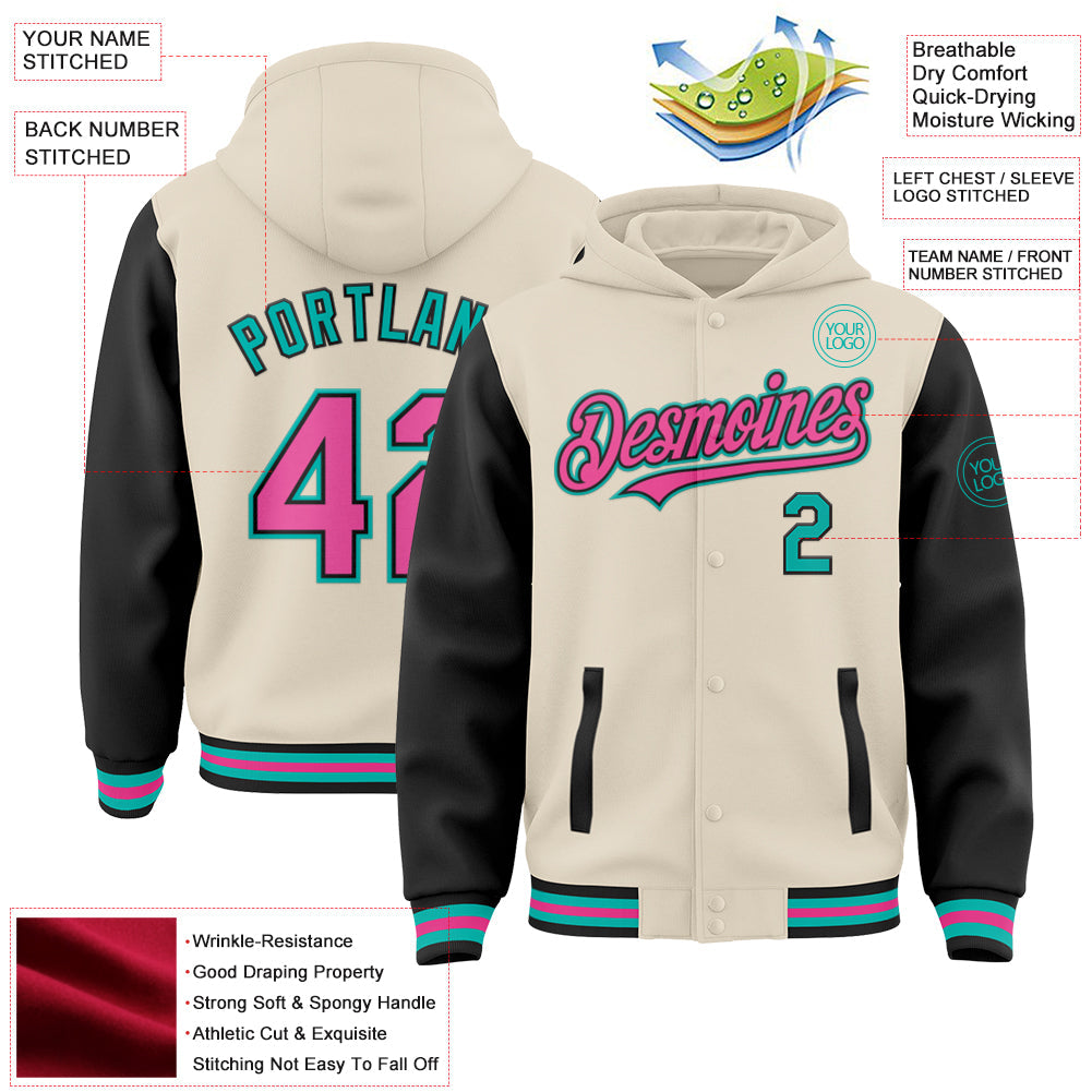 Custom Cream Pink Black-Aqua Bomber Full-Snap Varsity Letterman Two Tone Hoodie Jacket view 3