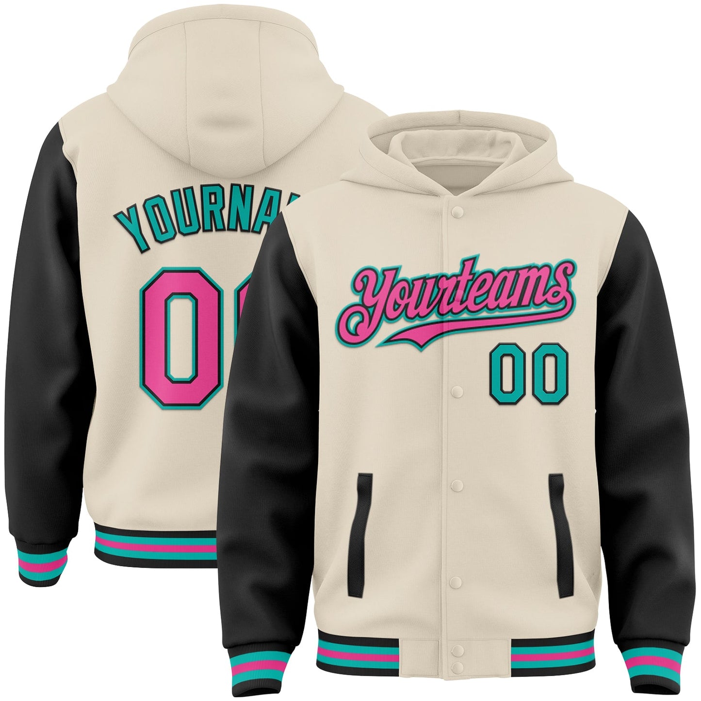 Custom Cream Pink Black-Aqua Bomber Full-Snap Varsity Letterman Two Tone Hoodie Jacket - Main View