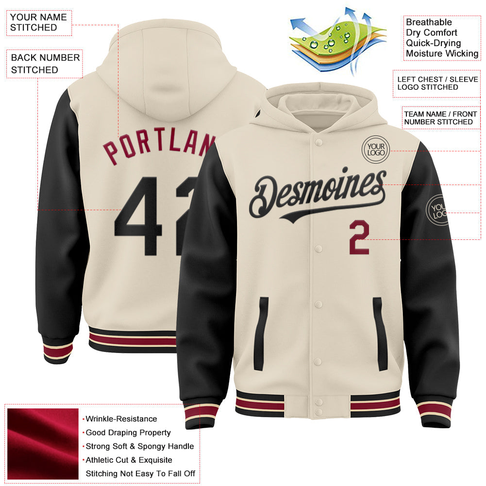 Custom Cream Black Crimson-City Cream Bomber Full-Snap Varsity Letterman Two Tone Hoodie Jacket view 3