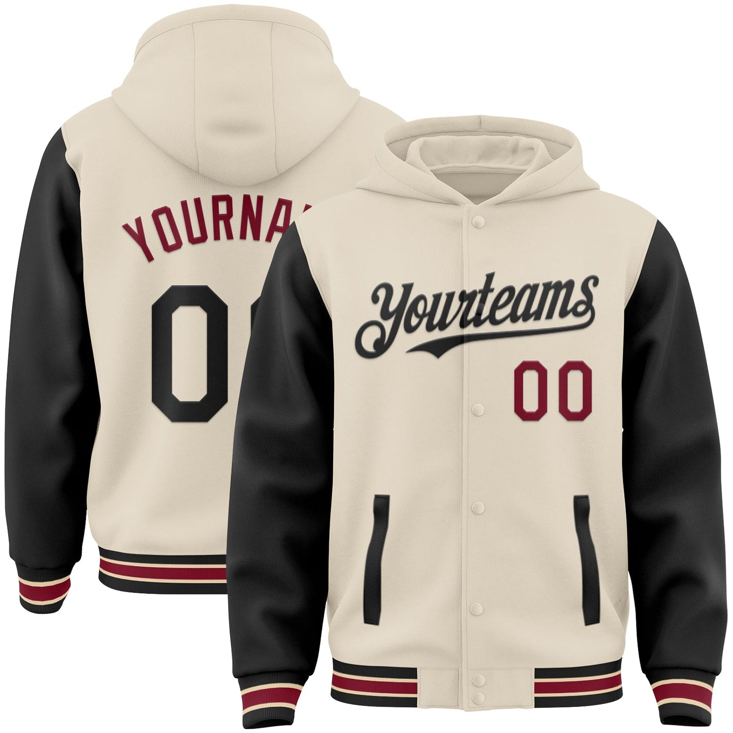 Custom Cream Black Crimson-City Cream Bomber Full-Snap Varsity Letterman Two Tone Hoodie Jacket - Main View