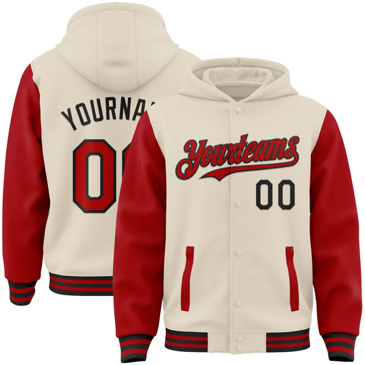 Custom Cream Red-Black Bomber Full-Snap Varsity Letterman Two Tone Hoodie Jacket - Main View