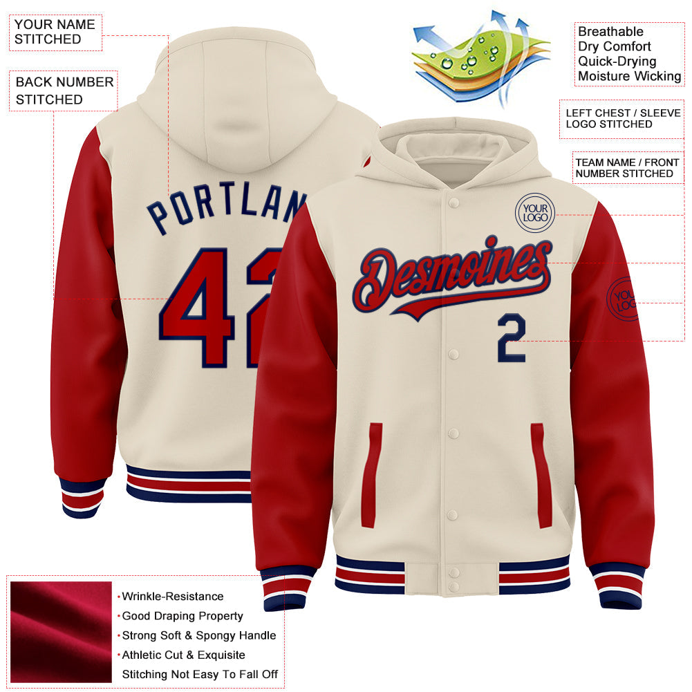 Custom Cream Red Navy-White Bomber Full-Snap Varsity Letterman Two Tone Hoodie Jacket view 3