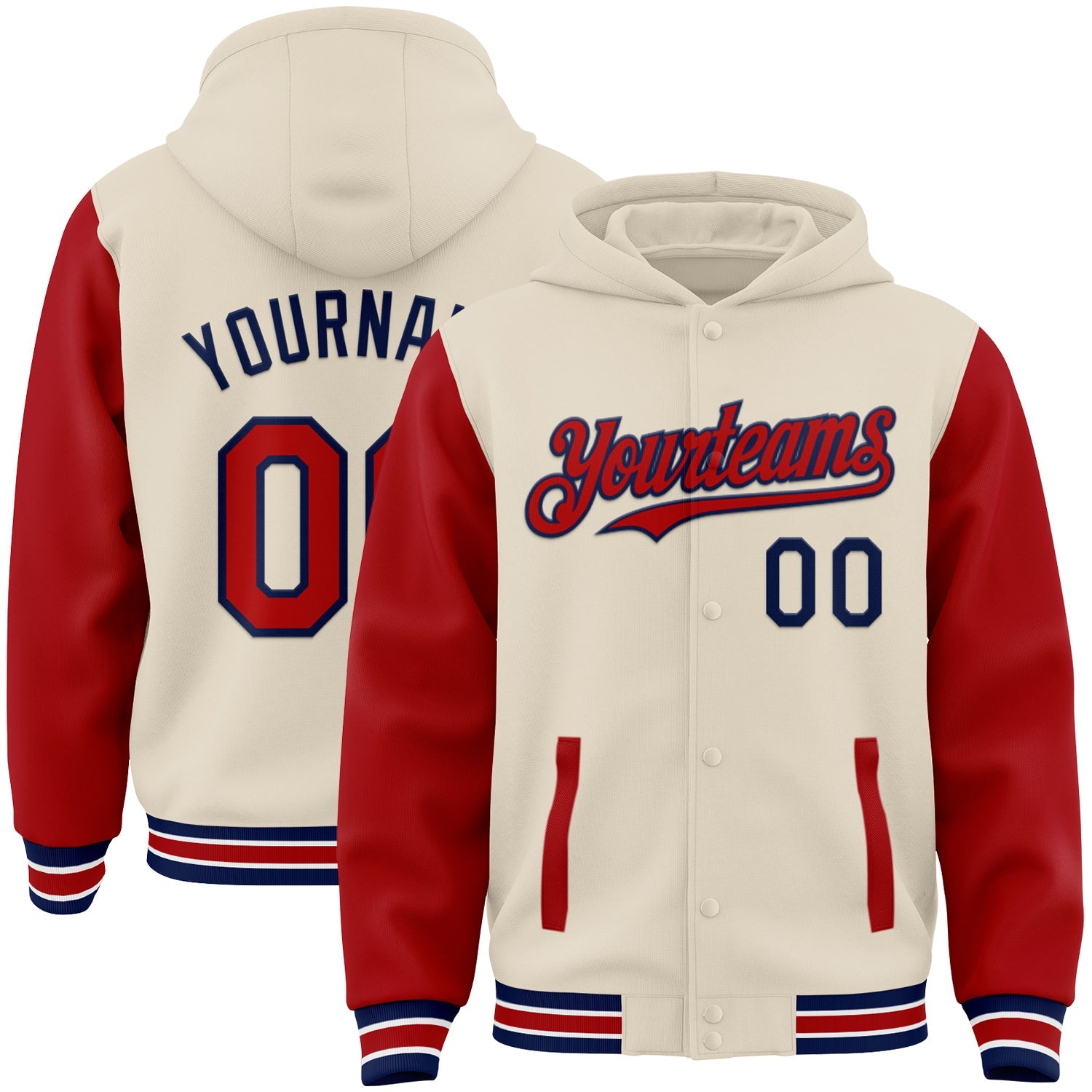 Custom Cream Red Navy-White Bomber Full-Snap Varsity Letterman Two Tone Hoodie Jacket - Main View