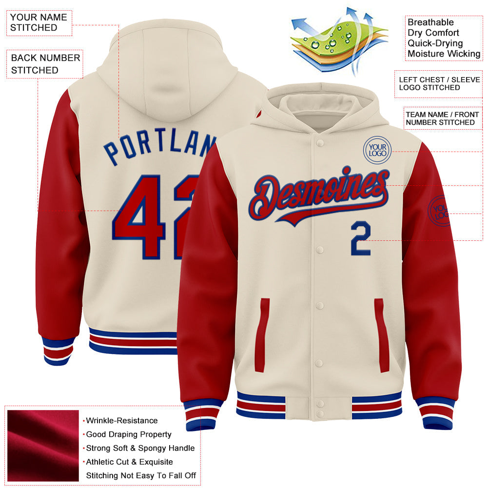 Custom Cream Red Royal-White Bomber Full-Snap Varsity Letterman Two Tone Hoodie Jacket view 3