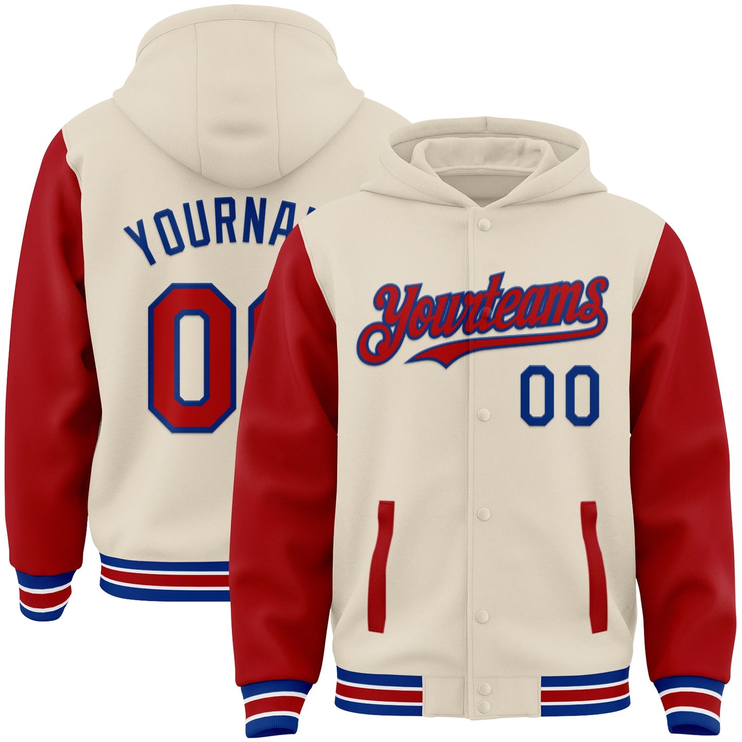 Custom Cream Red Royal-White Bomber Full-Snap Varsity Letterman Two Tone Hoodie Jacket - Main View