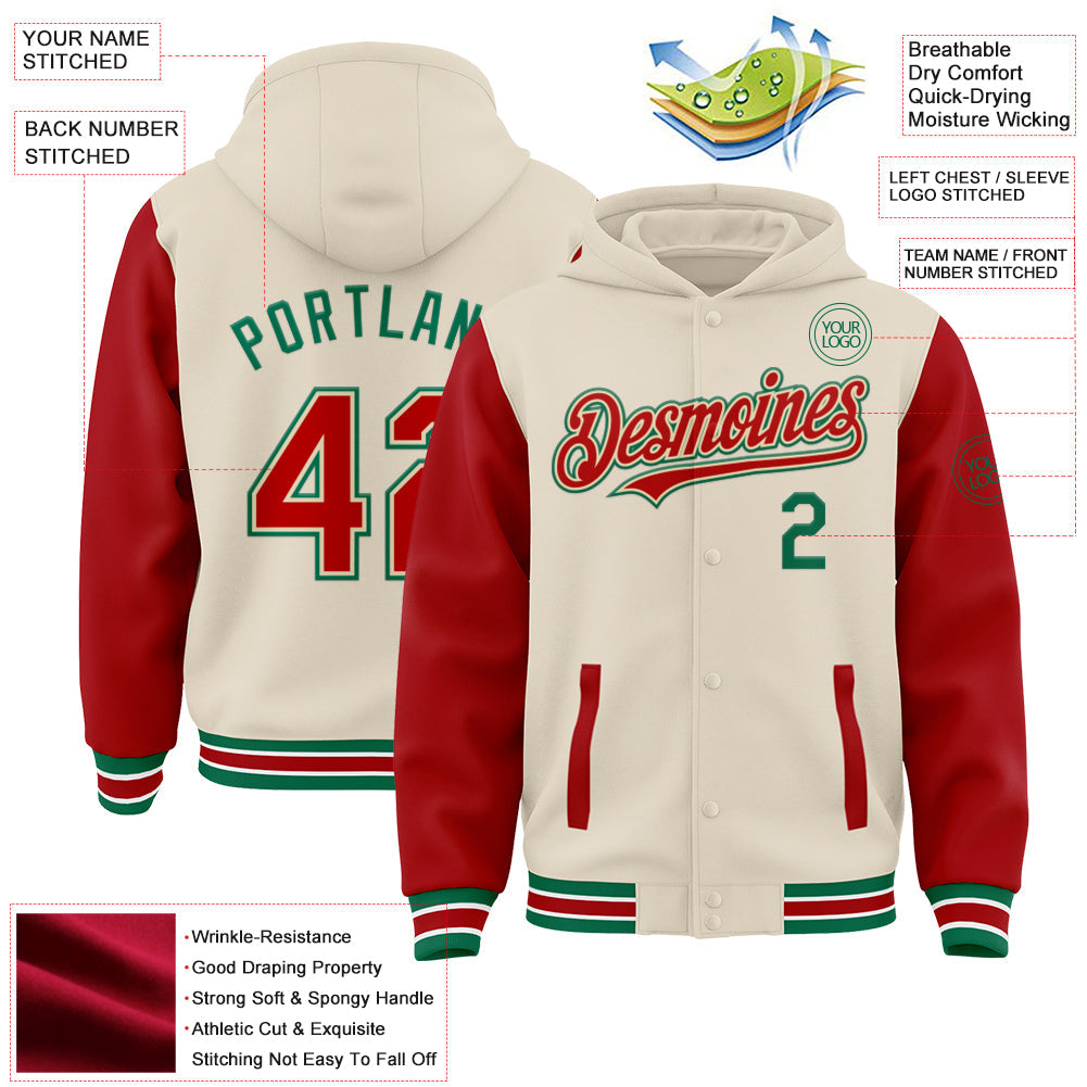 Custom Cream Red Kelly Green-White Bomber Full-Snap Varsity Letterman Two Tone Hoodie Jacket view 3
