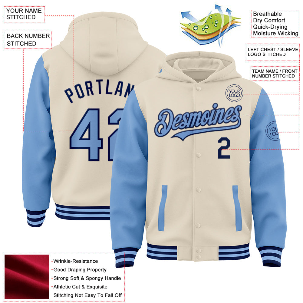 Custom Cream Light Blue-Navy Bomber Full-Snap Varsity Letterman Two Tone Hoodie Jacket view 3