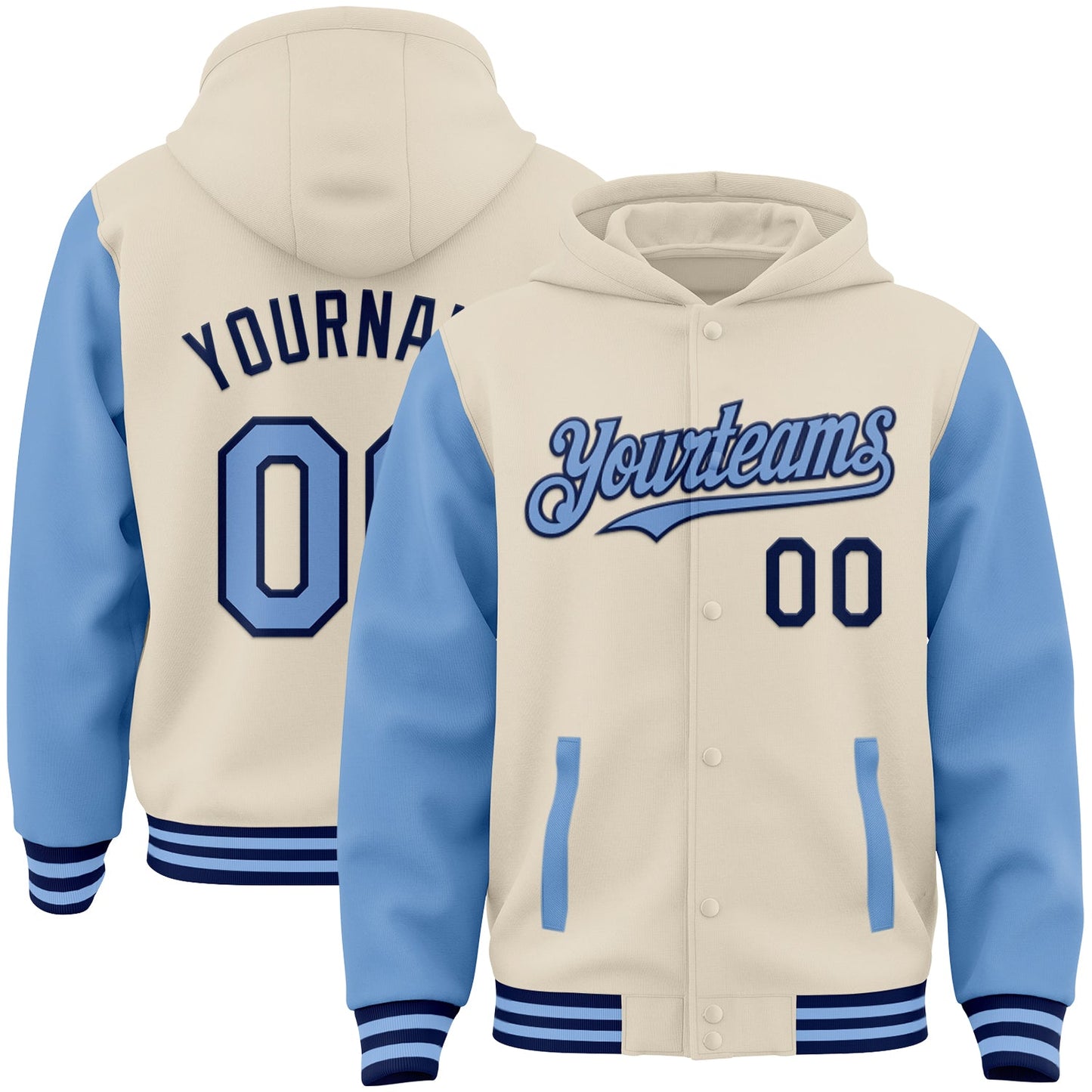 Custom Cream Light Blue-Navy Bomber Full-Snap Varsity Letterman Two Tone Hoodie Jacket - Main View