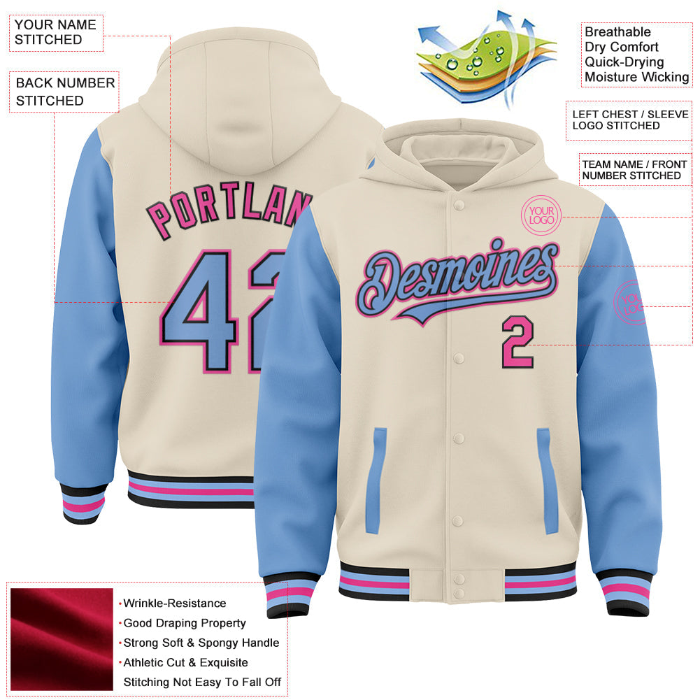 Custom Cream Light Blue Black-Pink Bomber Full-Snap Varsity Letterman Two Tone Hoodie Jacket view 3