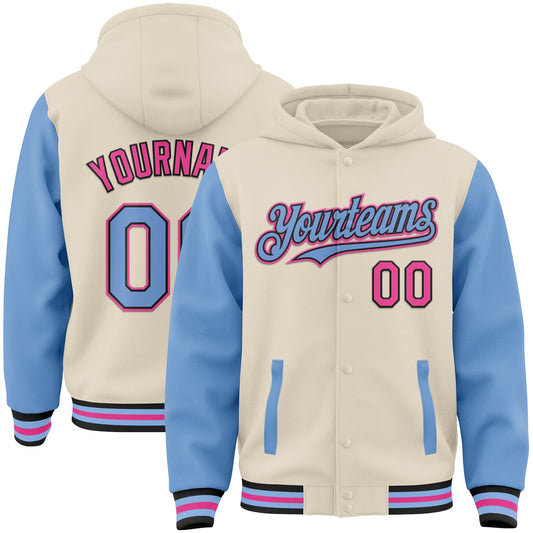 Custom Cream Light Blue Black-Pink Bomber Full-Snap Varsity Letterman Two Tone Hoodie Jacket - Main View