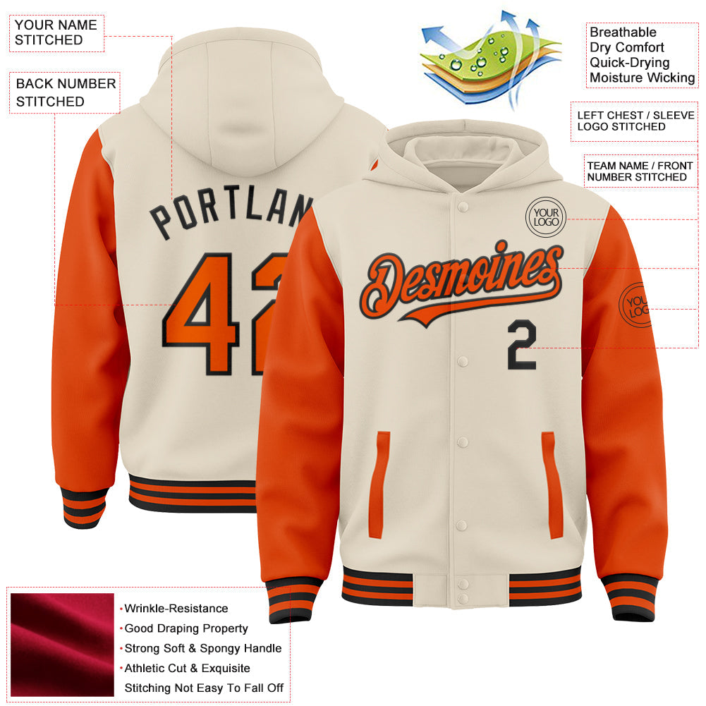 Custom Cream Orange-Black Bomber Full-Snap Varsity Letterman Two Tone Hoodie Jacket view 3