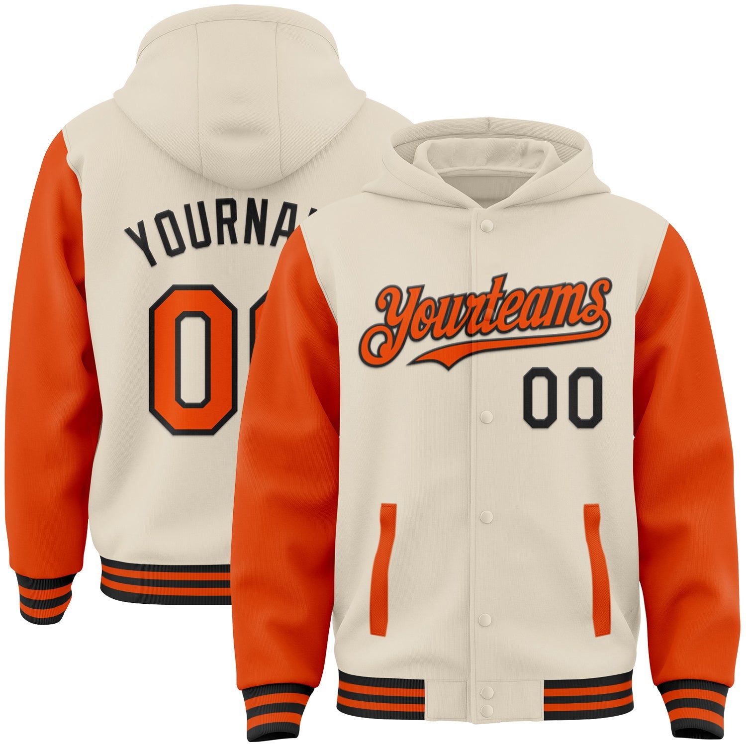 Custom Cream Orange-Black Bomber Full-Snap Varsity Letterman Two Tone Hoodie Jacket - Main View