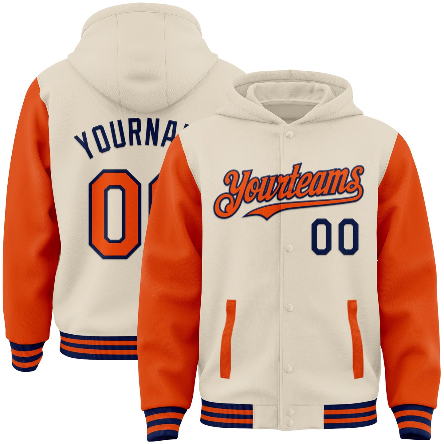 Custom Cream Orange-Navy Bomber Full-Snap Varsity Letterman Two Tone Hoodie Jacket - Main View