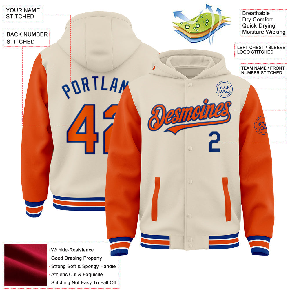 Custom Cream Orange Royal-White Bomber Full-Snap Varsity Letterman Two Tone Hoodie Jacket view 3