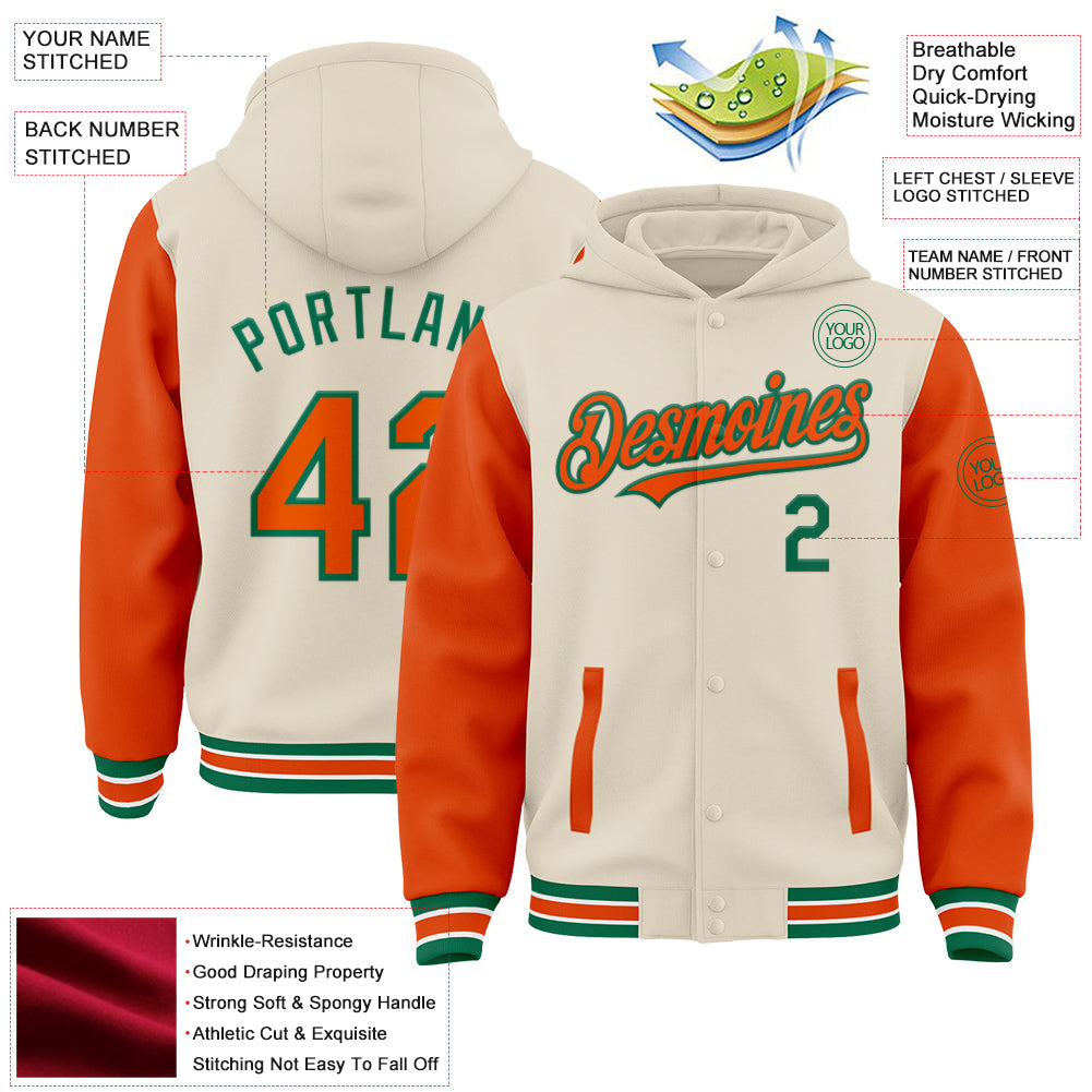Custom Cream Orange Kelly Green-White Bomber Full-Snap Varsity Letterman Two Tone Hoodie Jacket view 3