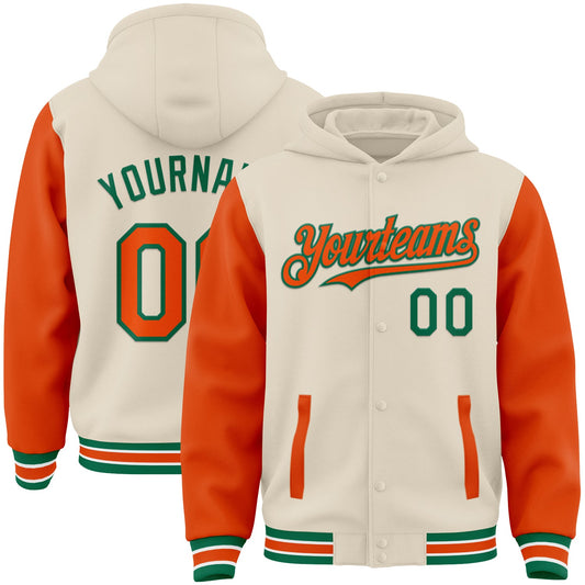 Custom Cream Orange Kelly Green-White Bomber Full-Snap Varsity Letterman Two Tone Hoodie Jacket - Main View