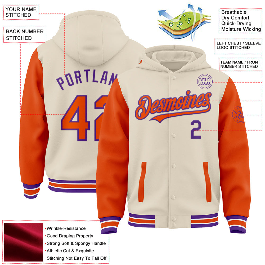 Custom Cream Orange Purple-White Bomber Full-Snap Varsity Letterman Two Tone Hoodie Jacket view 3