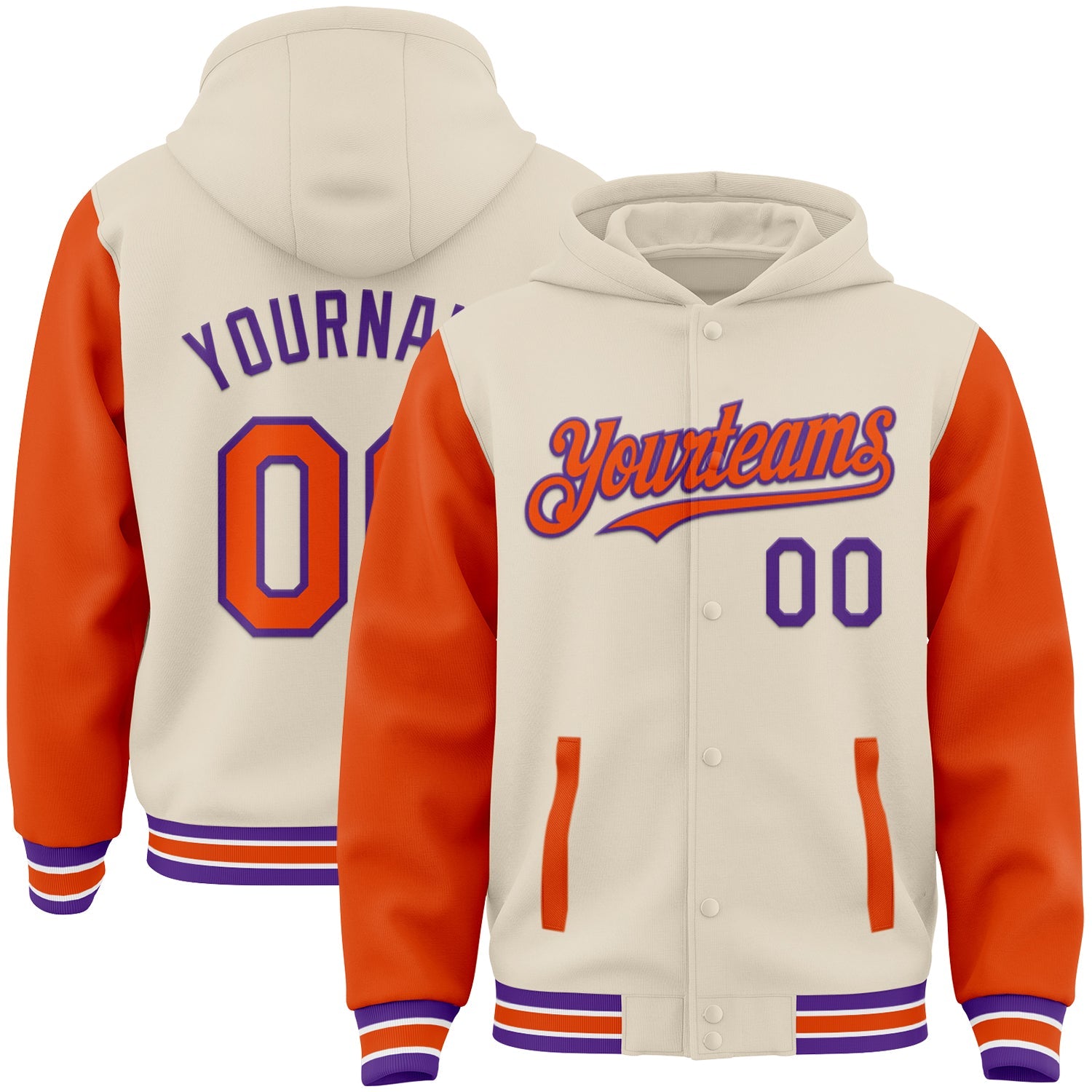 Custom Cream Orange Purple-White Bomber Full-Snap Varsity Letterman Two Tone Hoodie Jacket - Main View