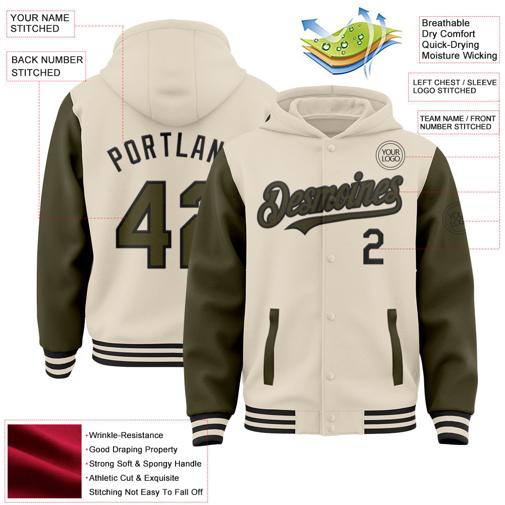 Custom Cream Olive-Black Bomber Full-Snap Varsity Letterman Two Tone Hoodie Jacket view 3