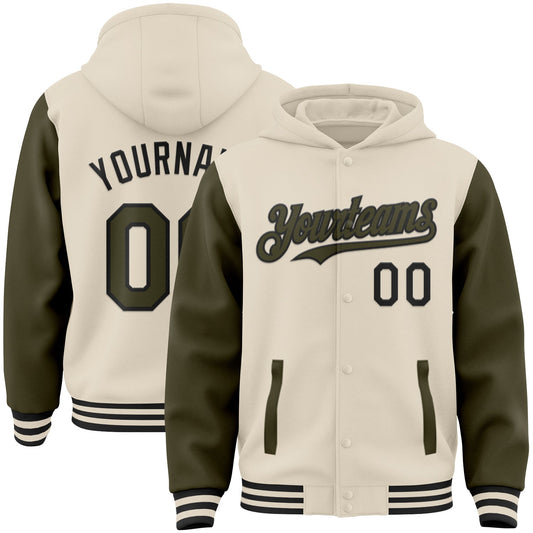 Custom Cream Olive-Black Bomber Full-Snap Varsity Letterman Two Tone Hoodie Jacket - Main View